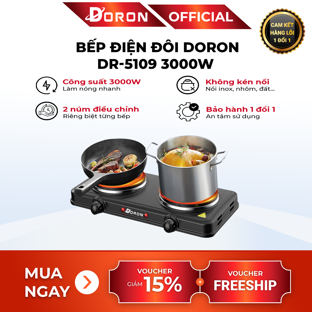 Bếp điện pha cà phê DORON 3000W kiểu dáng hiện đại, màu đen sang trọng