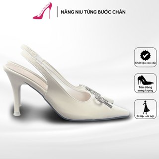  Giày Cao Gót Nữ Mũi Nhọn Tuyết Nhung Cao Cấp Hở Gót Đính Nơ Xoàn Sang Chảnh Đen Kem - 5,7,9cm | TH06 