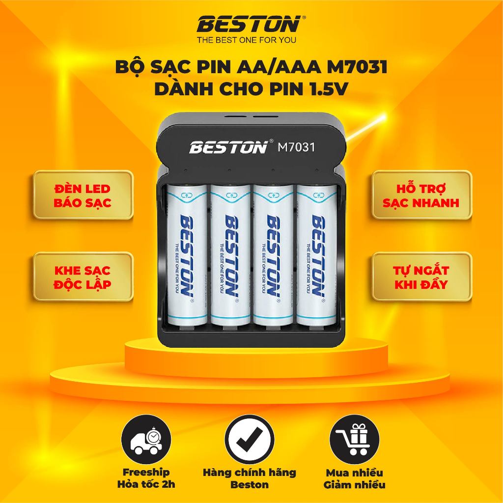 Bộ sạc Pin Beston M7031 dành cho pin 2A và 3A Lithium 1.5V, tự ngắt khi đầy