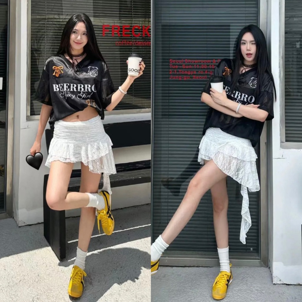 Chân váy ren trắng đen tua rua dáng cạp trễ CV028 - Tiktik