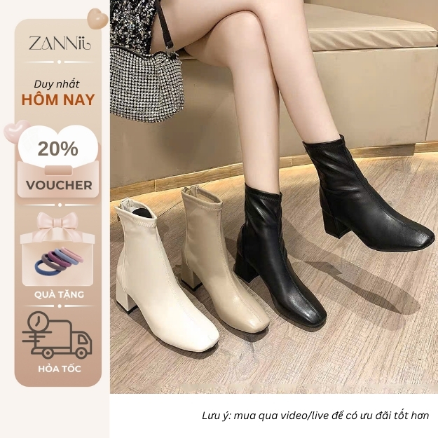 Giày Bốt Nữ Da Mềm Cổ Cao Mũi Vuông Bo Tròn Đế Hộp Vuông Cao 6cm Lót Lông Mềm Mại Mùa Đông