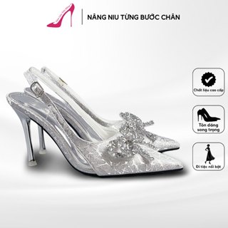  Giày Cao Gót Nữ Kim Tuyến Phối Mika Hở Gót Đính Nơ Đá Sang Trọng Đi Tiệc Đi Làm 5cm 7cm 9cm | Tiệm Giày Tiểu Hồng  T22  