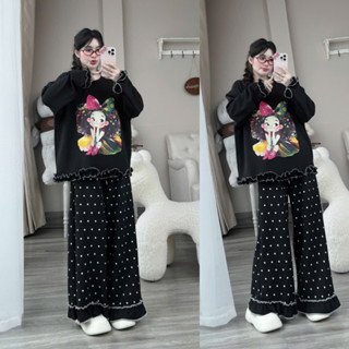 Sét bộ nữ chất thun umi hàn mềm mịn cao cấp in hình 3 cún nơ, áo nỉ dài tay phối quần ống suông dài mặc thu đông