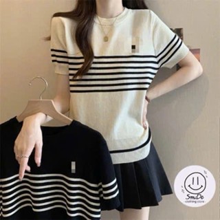Áo Len Cardigan Cổ Tròn Tay Cộc, Áo Len Mongtoghi Thêu Ngựa Họa Tiết Sọc Phong Cách Thời Trang Nữ Hàn Quốc | Smide