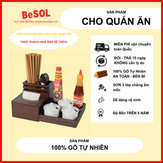  Comboo 01: Bộ Khay Hộp Đựng Giấy Ăn Thìa Đũa Gia Vị  Bằng Gỗ Tre Chuyên Dùng Cho Quán Ăn Sáng Quán Cơm Nhà Hàng 