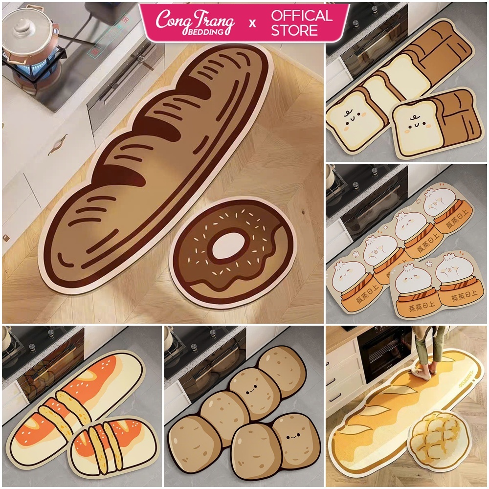 Bộ 2 thảm lau chân nhà bếp CongTrang Bedding BÁNH MÌ cute, chống trơn trượt thấm hút nước tốt dễ giặ