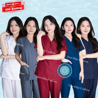  Bộ Scrubs bác sĩ cổ tim vải lon giãn cao cấp đồng phục Spa Phòng khám quần áo điều dưỡng 