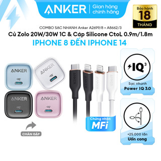 [CủZolo+CápSilicone] Combo sạc nhanh ANKER 20W/30W cho iP8-14 -Củ Zolo 20W/30W 1C & Cáp Silicone CtoL - A269+A866