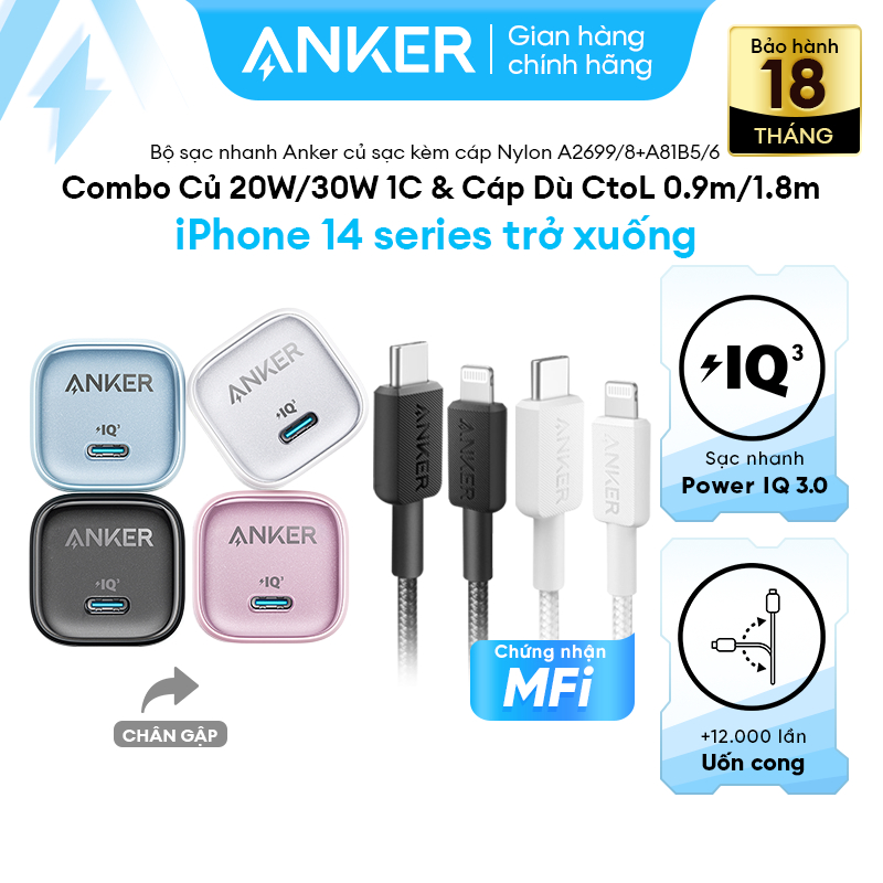 [CủZolo+CápDù] Combo sạc nhanh ANKER 20W/30W cho iP8-14 -Củ Zolo 20W/30W 1C & Cáp Dù CtoL MFi - A269