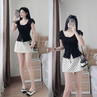  Sét váy nữ tiểu thư áo đũi đen tay ngắn cổ vuông viền bèo nơ xẻ lai trước phối chân váy mango chấm bi a ngắn_lhclothings 