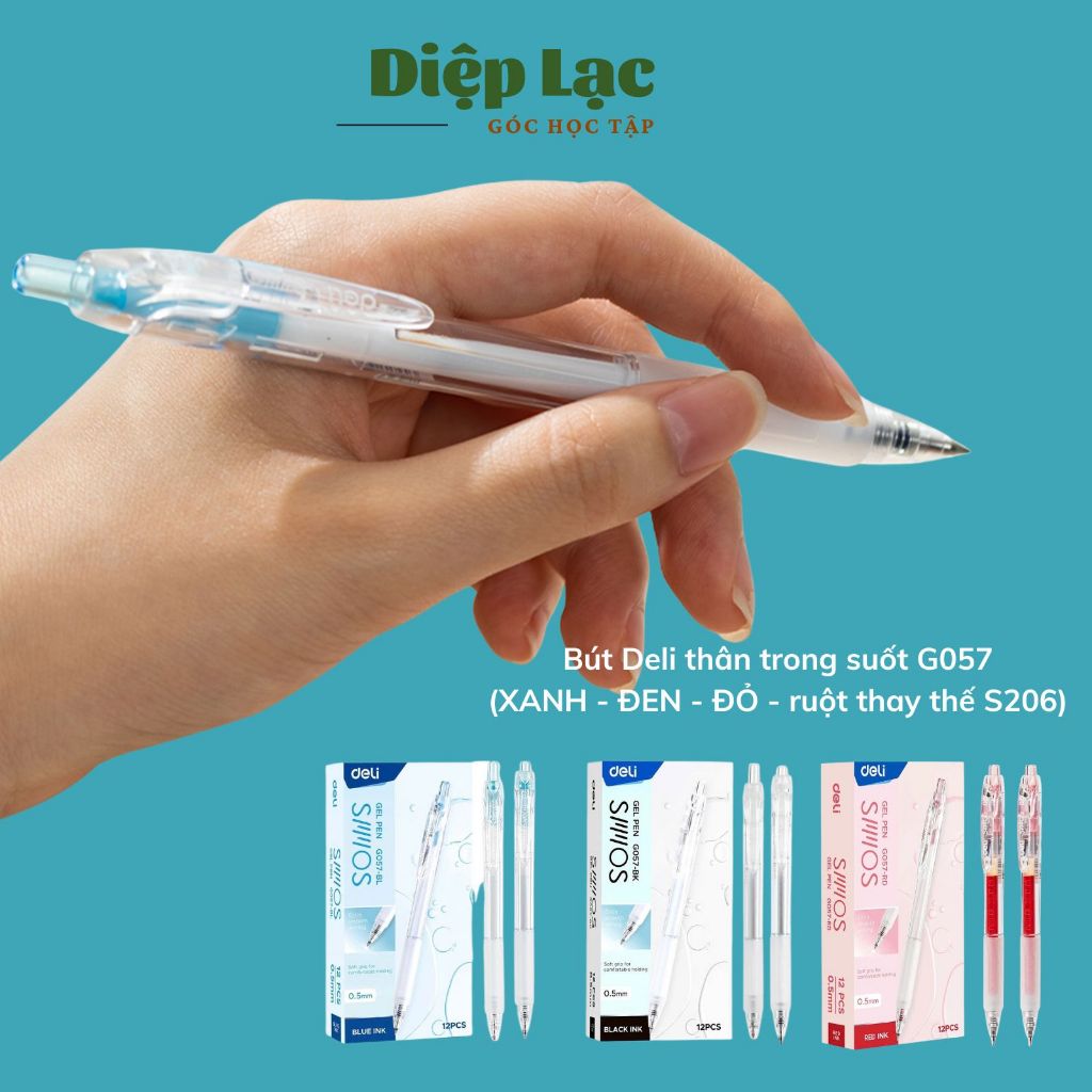 (12-4c) Bút gel bi nước bấm Deli trong suốt viết trơn mẫu mới có ruột thay A057 G057 vpp Diệp Lạc