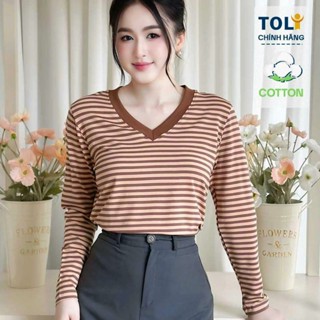 Áo thun nữ tay dài cổ V TOLI LHV30 – Form vừa dáng Sọc ngang Vải cotton co giãn 4 chiều mềm mịn 