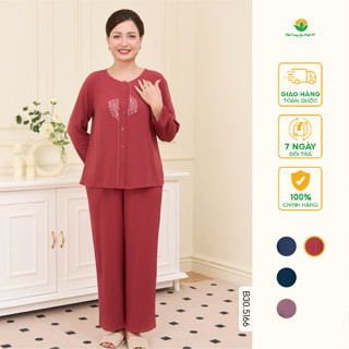  Đồ bộ lanh trung niên nữ mặc nhà Việt Thăng quần dài  áo dài tay thêu họa tiết sang trọng B30.5166 