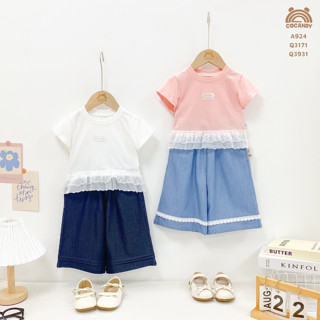 Set đồ cho bé COCANDY -Áo cộc TRẮNG cổ nhúm 2 nơ và Quần dài ống rộng XANH jean ĐẬM Q3171,A9241