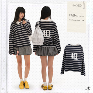 Áo nỉ thun tay dài nữ NAKEDbyV áo sweatshirt kẻ cổ polo in hình sau lưng LISA SWEATSHIRT