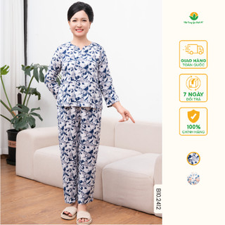  Bộ lanh trung niên mặc nhà quần dài áo dài tay cổ xẻ V họa tiết thời trang Việt Thắng - B10.2412 