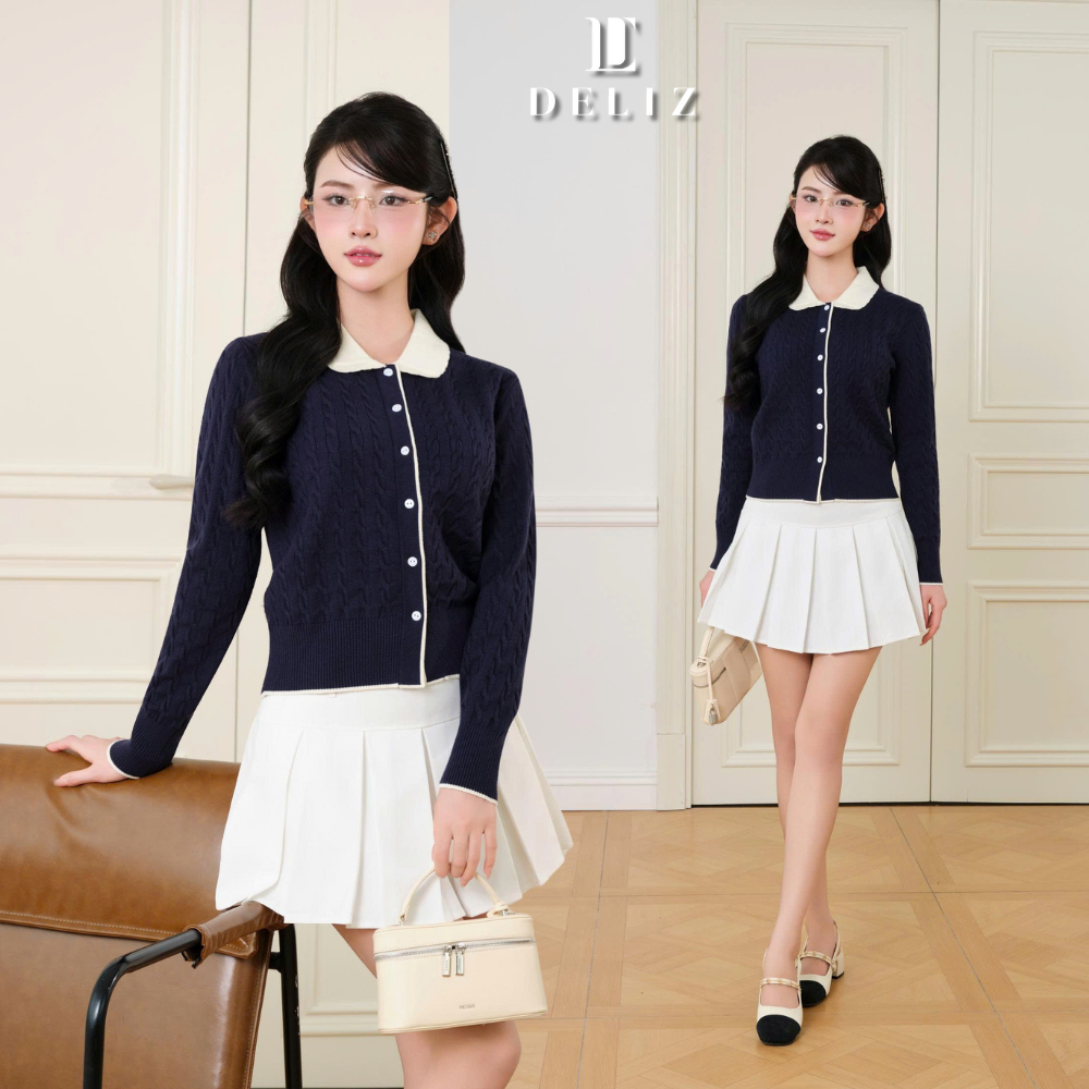 [DELIZ] - Áo len cardigan tay dài phối cổ chất len lông thỏ vặn thừng dày cao cấp CD850