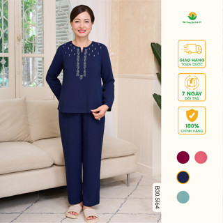 Bộ mặc nhà trung niên thu đông dài tay chất Lanh Việt Thắng, quần dài, áo thêu họa tiết B30.5164