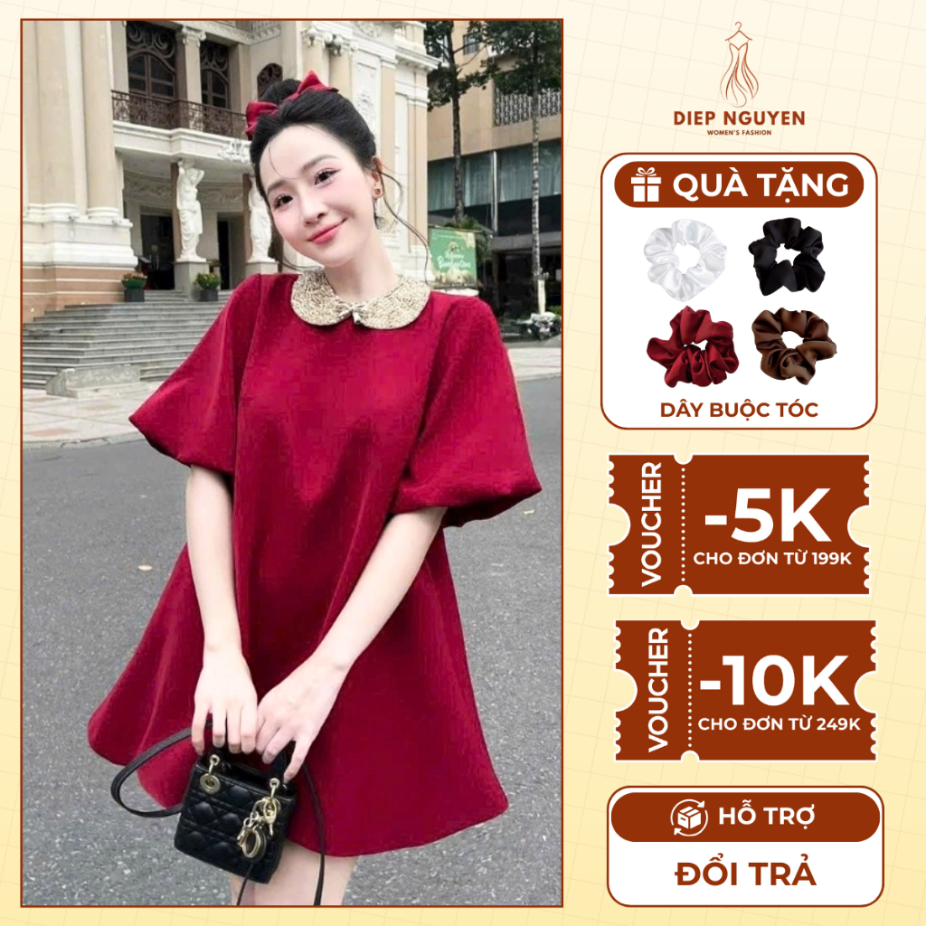  Đầm váy nữ diện TẾT,noel đầm baby doll màu đỏ tay bồng cổ sen peter cườm,chất tuyết mưa cao cấp bầu bon chen 