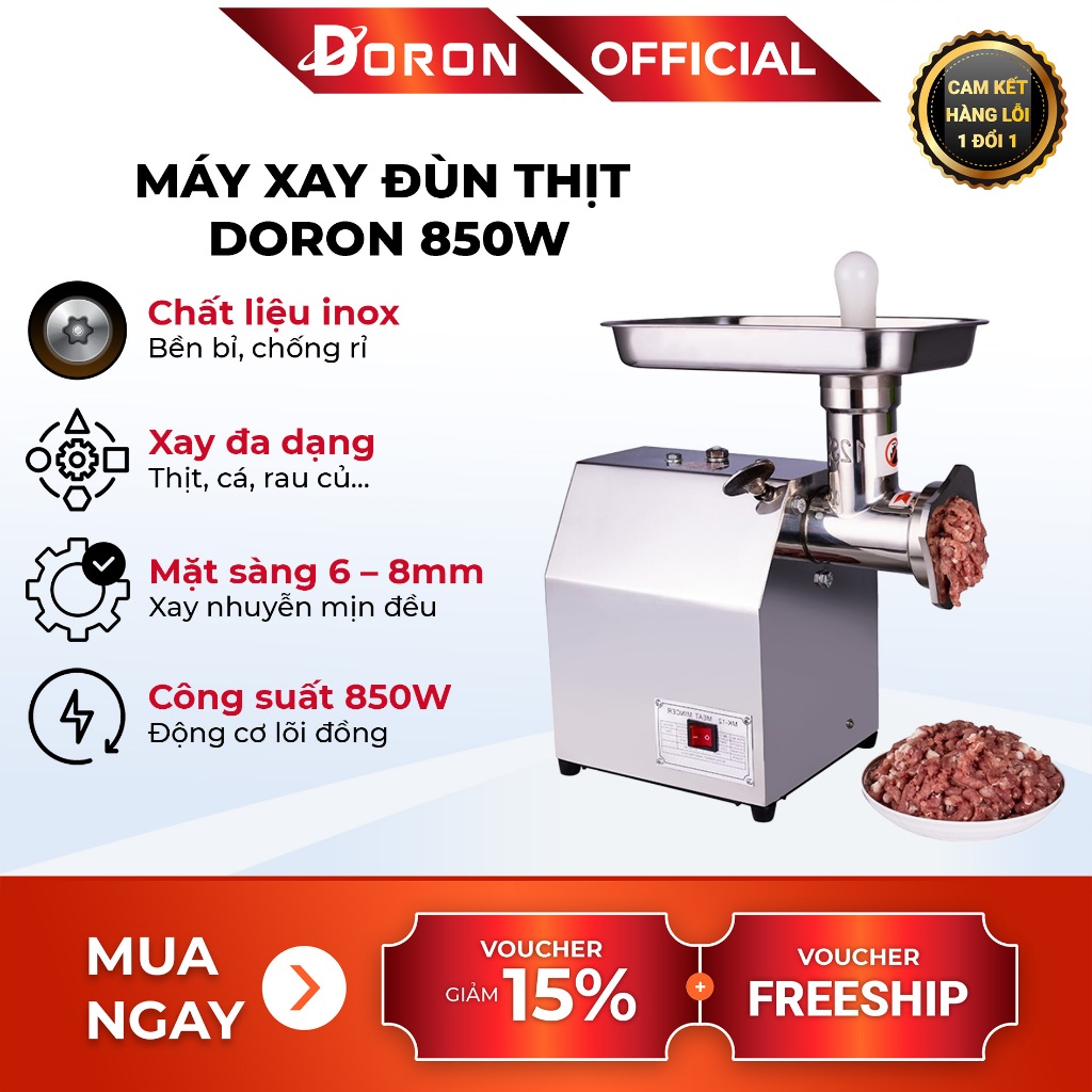 Máy đùn thịt inox DORON 850W xay thịt cá, rau củ làm dồi sụn công nghiệp