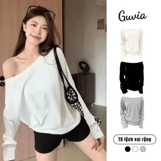  Áo thun tay dài Lệch Vai cotton form rộng dáng dài GUVIA Áo tay dài trễ vai mặc đi chơi ADD152 