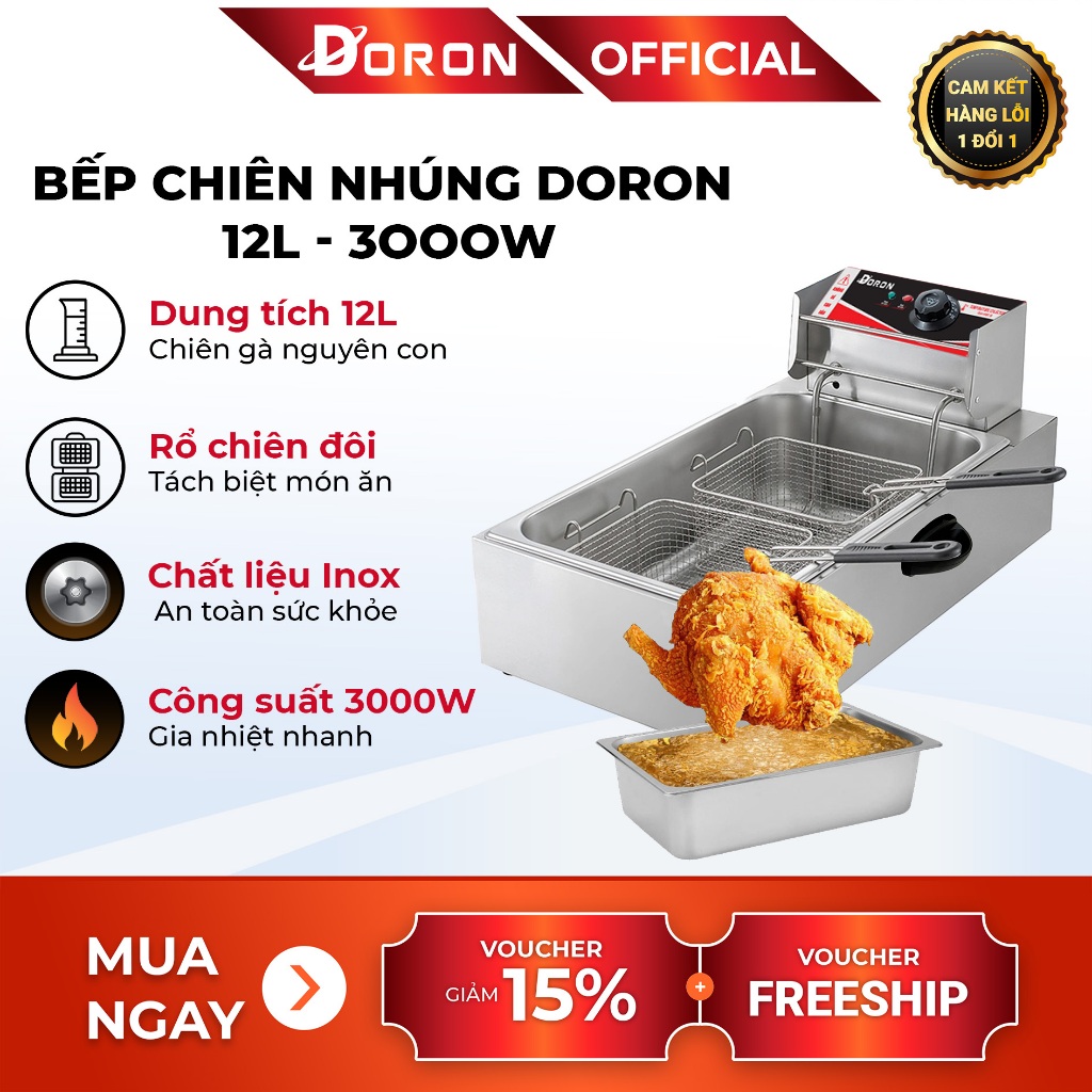 Bếp chiên nhúng điện 12l, bếp chiên dầu DORON 3000W gia nhiệt nhanh, chống quá nhiệt, quá tải
