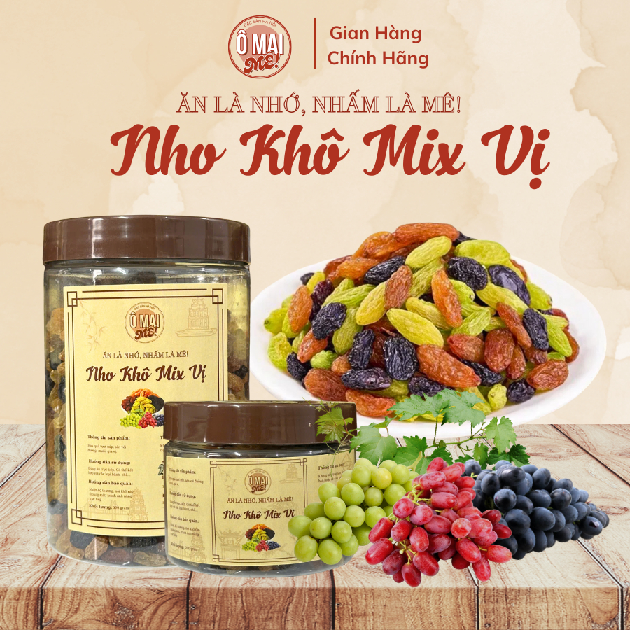 Nho khô mix 3 màu, Nho vàng, nho xanh, nho đen  Nho khô sấy không đường chua ngọt, tự nhiên - Ô MAI 