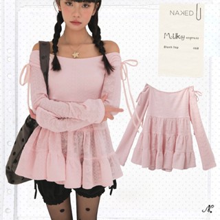  Áo trễ vai tay dài nữ NAKEDbyV áo babydoll phối nơ xoè 3 tầng len phối ren BLUSH TOP 