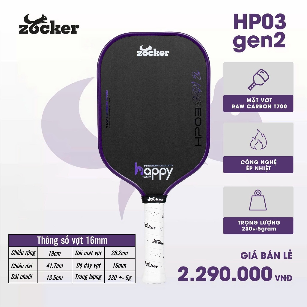 Vợt Pickleball Zocker Happy HP03 Gen 2 được thiết kế theo kiểu dáng elongated, Lõi tổ ong, trợ lực
