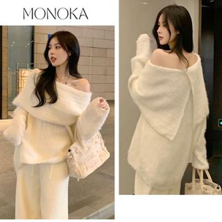 ( Quảng Châu ) Áo len trễ vai form rộng trắng dài tay tiểu thư sang trọng Áo thu đông lệch vai bigsize chubby T1390G