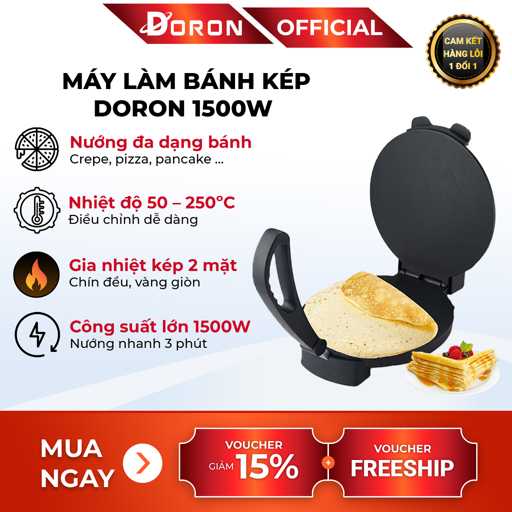 Máy ép bánh khô huế DORON 1500W làm nóng đều 2 mặt khuôn, bánh thơm ngon
