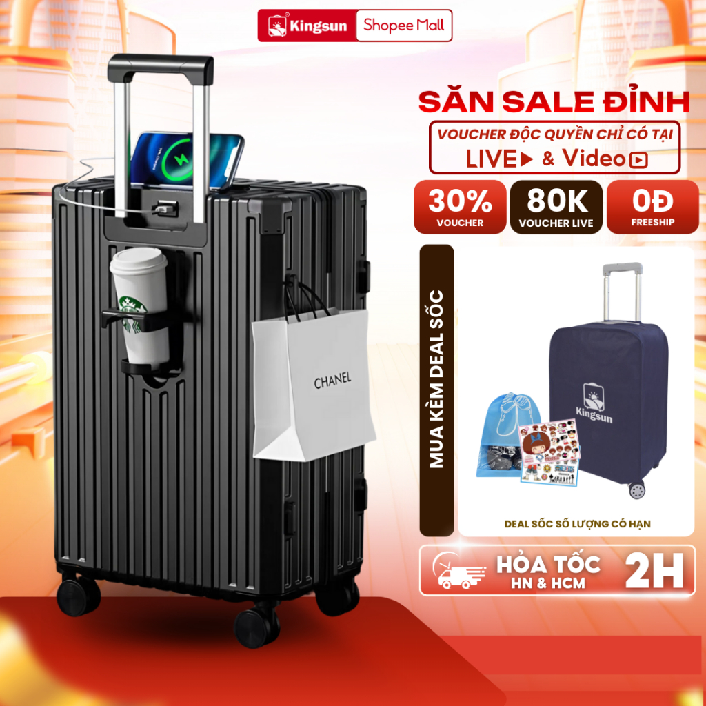 Vali kéo Siêu To Có Cốc Đựng Nước, Sạc Điện Thoại Size 28 302/309, Vali kéo du lịch Kingsun Size 28 Cao Cấp