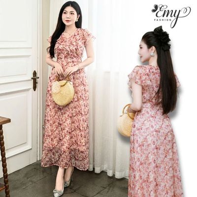 Đầm Voan Tơ EM9609 Cổ Chữ V Mỏng Nhẹ Mặc Hè Đi Chơi