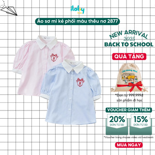 Áo sơ mi bé gái ILABY áo cộc tay bo vai bồng phối màu lá cổ trắng thuê nơ trước ngực [2877]
