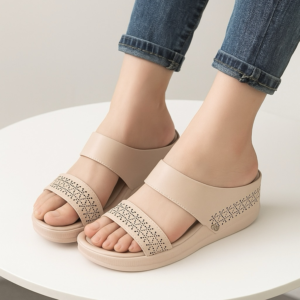 dép đế xuồng chất liệu PU siêu nhẹ êm chân nữ trung niên hai quai ngang họa tiết đục laze chuẩn size