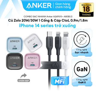 [CủZolo+CápBio-based] Combo sạc nhanh Anker 20W/30W cho iPhone8 đến iPhone14 - Củ 20W 1C & Cáp CtoL MFi A269+A80B