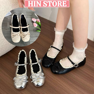  Giày búp bê nữ đế bệt đính nơ phối ren da mềm hottrend đi chơi đi học phong cách Hàn Quốc MS55 