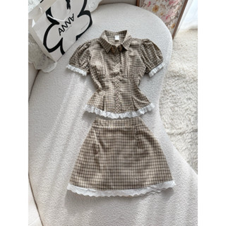  Set Bộ Caro Nâu Viền Ren Trắng Anna - Set Ringo 