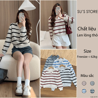 (Hàng QC) Áo Len Dài Tay Cổ V Lông Thỏ Kẻ Ngang A3179 Susstore Thời Trang Nữ