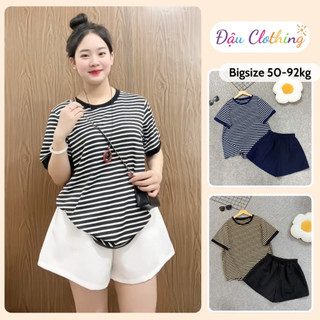  Đồ Bộ Bigsize Nữ Áo Thun Kẻ Sọc Kèm Quần Đùi Lưng Chun Vải Mặc Mát Cho Chubby A294+Q500 