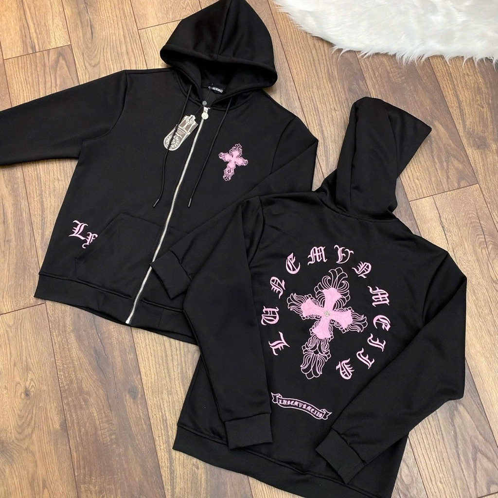 Áo Hoodie zip nam nữ Chrome Hearts ngực lưng thêu thánh giá da kèm chữ hồng