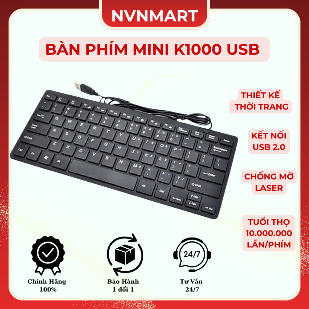 Bàn phím Mini K1000 USB - Full Box- Chất Lượng Tốt, Kiểu Dáng Nhỏ Gọn, Bảo Hành 6 Tháng
