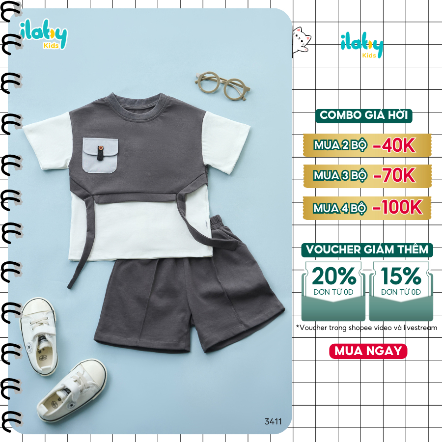 Set bộ bé trai ILABY đồ bộ bé trai thiết kế phối tay và thân chất liệu thun cotton thoáng mát [3411]