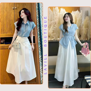 Set đồ nữ áo sơ mi nữ ngắn tay mix chân váy maxi trắng thanh lịch Lavil Boutique
