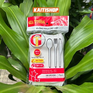   Bịch 100 Cái  Muỗng Nhựa Dài 15cm Gia Tường Muỗng 15cm Màu Trắng Muỗng 15cm Màu Đen 