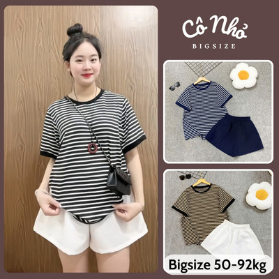 Set Đồ Bộ Bigsize Nữ Áo Thun Kẻ Sọc Ngang Form Rộng Kèm Quần Đùi Lưng Chun Cho Chubby A294+Q500