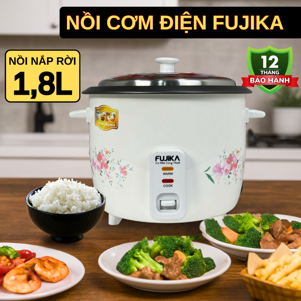 Nồi cơm điện nắp rời FUJIKA 1816 dung tích 1L-1,8L lòng nồi chống dính 3 lớp không gây dính đáy nồi