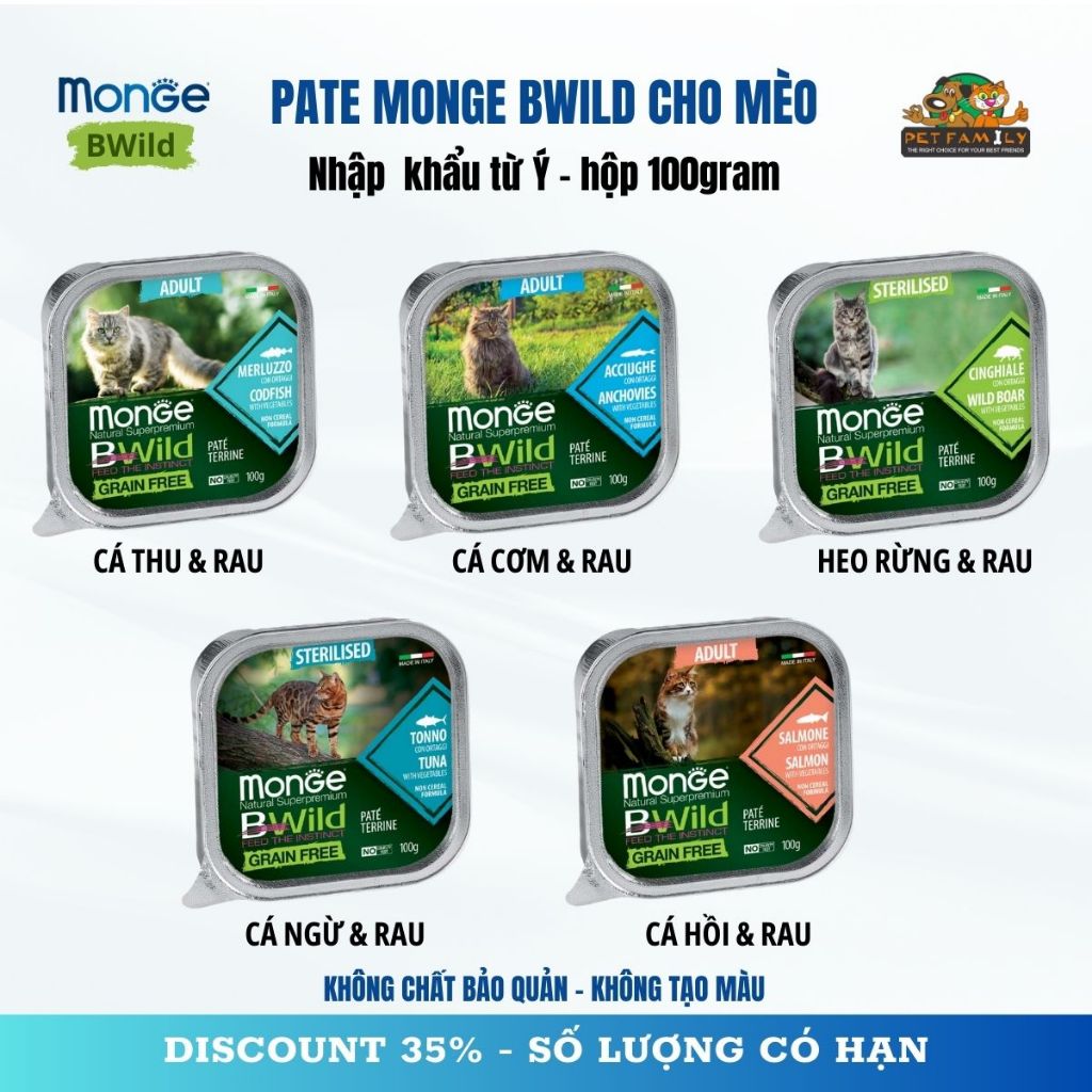 Pate Cho Mèo MONGE Bwild 100Gr, Pate Cao Cấp Nhập Khẩu Ý, Petfamily MONGE BWILD100