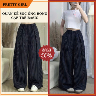  Quần Kẻ Sọc Ống Rộng Pretty Girl  Quần Ống Suông Nữ Dáng Dài Hàn Quốc Quần Vải Nữ Lưng Thun Co Giãn Thoải Mái Tôn Dáng 