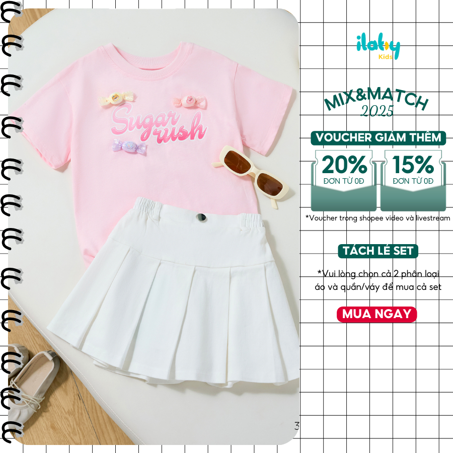 Áo vá chân váy bé gái ILABY áo phông in hình cho bé gái và chân váy xếp ly [3007 + 2918]